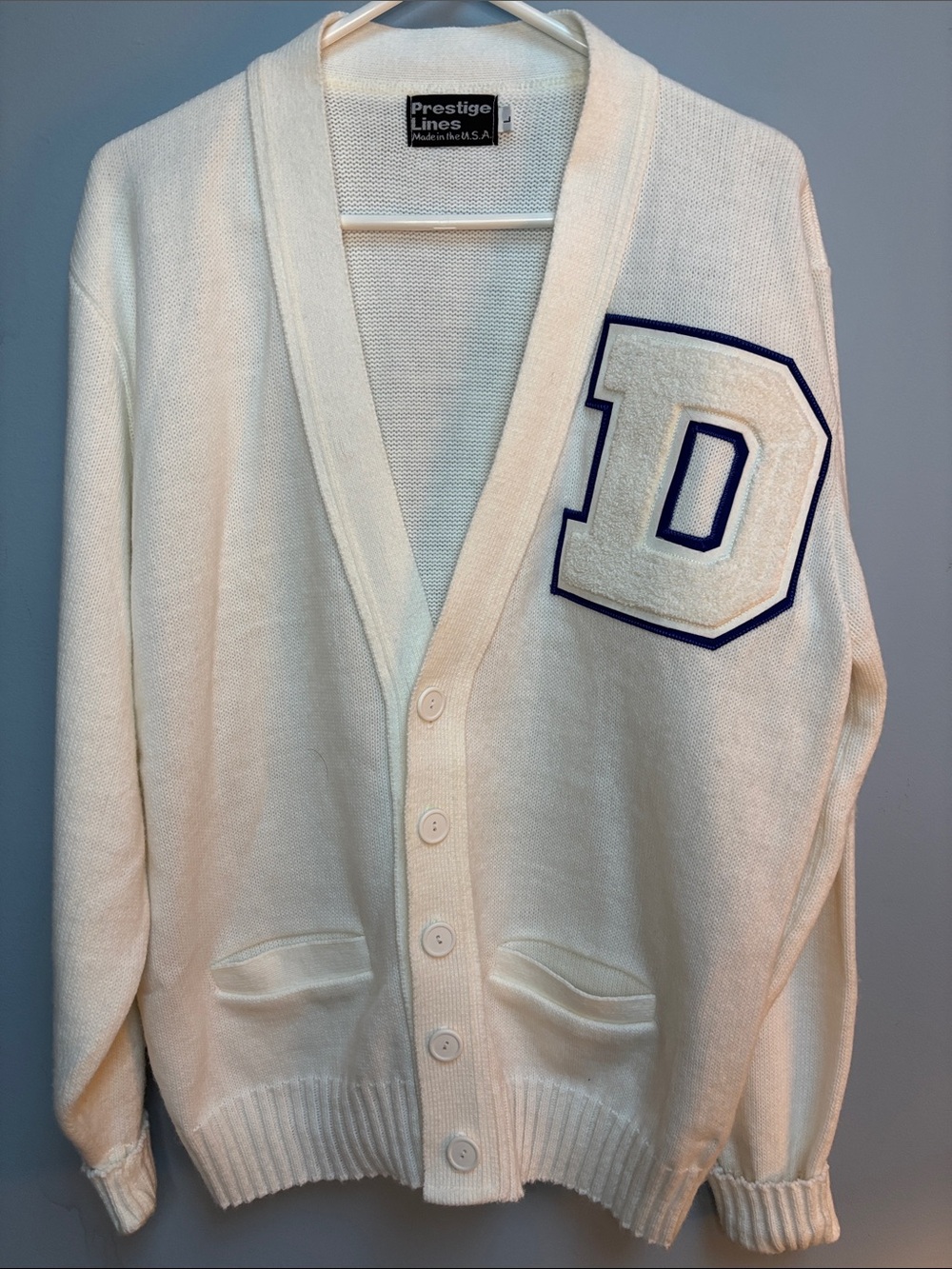 VTG Prestige Lines Varsity Letterman Cardigan Off-White Chenille Patch D M/L